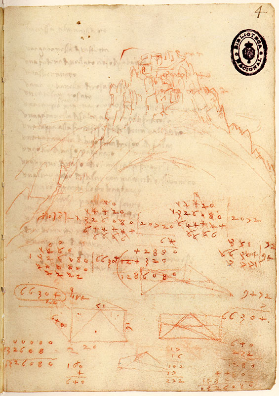 Codice di Madrid II, 4r. - La fortezza e il monte della Verruca, c. 1503.