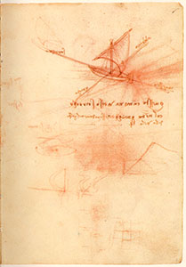 Codice di Madrid II, 7r. - La vela, i venti e il litorale di Piombino, l'Arno tra Badia a Settimo e Signa, c. 1503-1504.