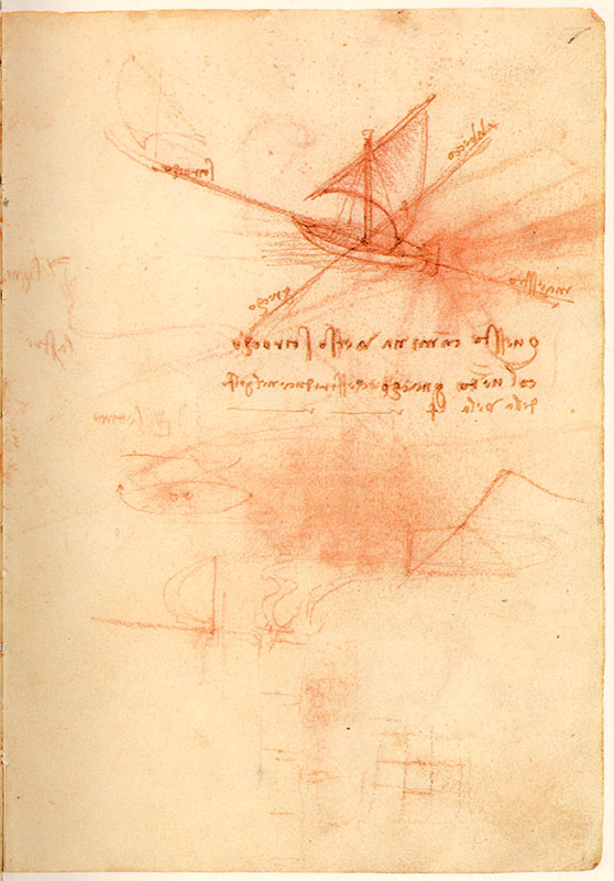 Codice di Madrid II, 7r. - La vela, i venti e il litorale di Piombino, l'Arno tra Badia a Settimo e Signa, c. 1503-1504.