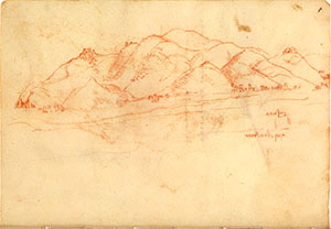 Codice di Madrid II, 7v. - Veduta dei Monti Pisani con la Verruca e il punto di osservazione presso Cascina, c. 1503-1504.