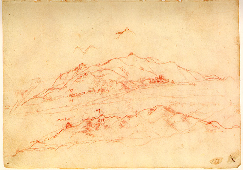 Codice di Madrid II, 8r. - Due profili dei Monti Pisani con la Verruca e Vicopisano, c. 1503-1504.