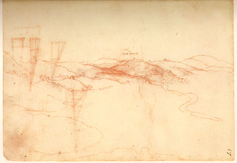 Madrid Ms. II, 17r. - Florentine hills with the Incontro, c. 1503-1504