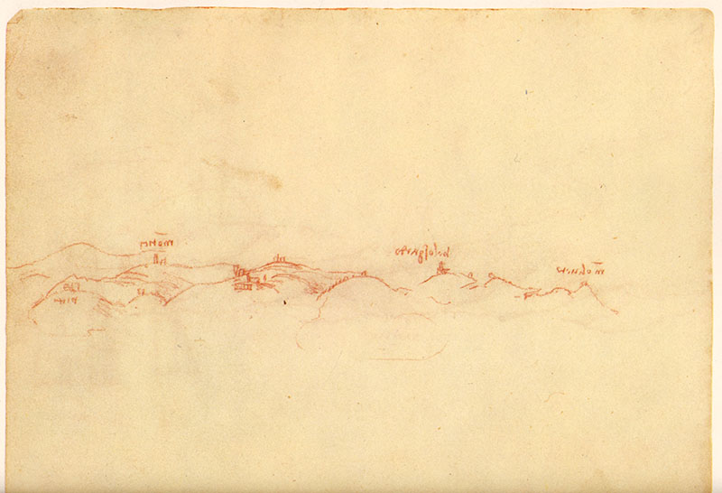 Codice di Madrid II, 17v. - Colli fiorentini con Monteoliveto, Bellosguardo e Montici, c. 1503-1504.
