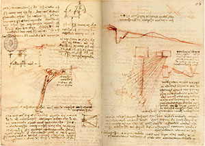 Madrid Ms. II, 24v-25r. - Projects for Piombino: covered road, tower, straightened moat, citadel   [Monte a Santa Maria fortress], Rocchetta and two memorandums: on f. 24v "Castle keep of Piombino, on the day of November 20, 1504" and on f. 25r: "On the last day of November for All Saints' Day" (but All Saints' Day is the 1st of November, and not the last) 1504, I made that demonstration in Piombino to its Lord".