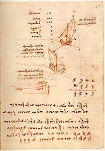 Codice di Madrid II, 35r. - Barche a vela e calcoli per le fortificazioni a Piombino, c. 1504.