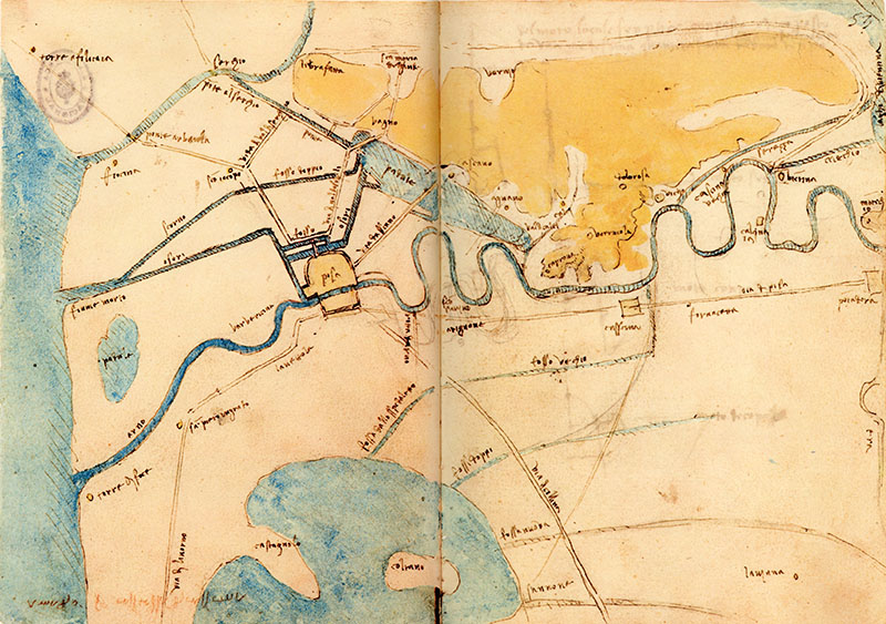 Madrid Ms. II, 52v-53r. - Map of surroundings of Pisa for the projects for deviating the water of the Arno, c. 1503.