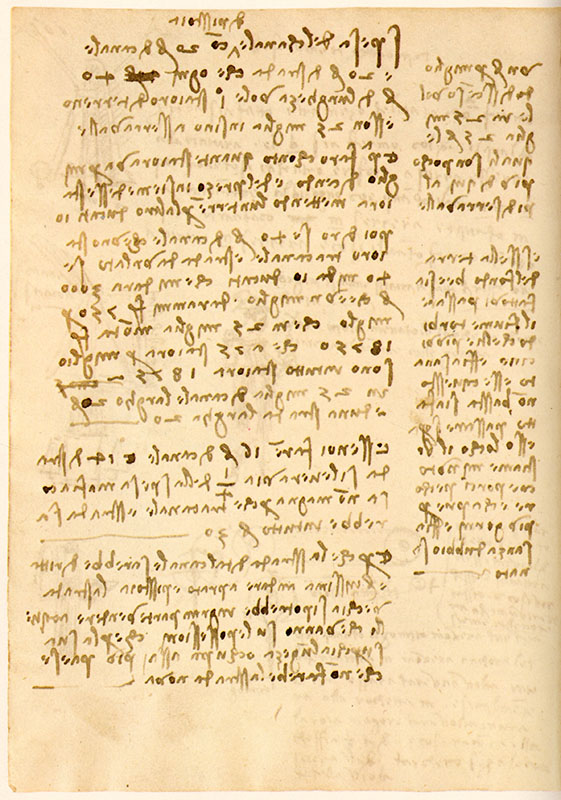 Madrid Ms. II, 76v. - Cost estimate for building the Pistoia Canal and expedients for making its bed impermeable with mud and by the trampling feet of herds of animals, c. 1504. Cf. also folio 15A-22v in the Codex Leicester, where Leonardo returns to the idea of using "large animals" to facilitate the fording of rivers.