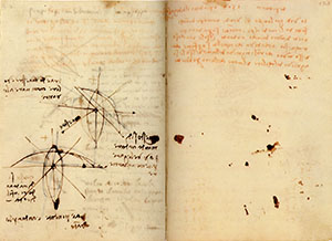 Codice di Madrid II, 124v-125r. - Note sui venti e "l'ombre verdi" e annotazione "1504 a Piombino, il d d'Ognissanti".