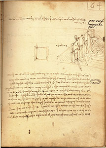 Ms. B. - "Mode of forcefully launching water onto an army and bridges and walls of a city. For Lucca", c. 1487. Here Leonardo returns to the idea of flooding the city of  Lucca that Machiavelli, in his Historie fiorentine, attributes to Brunelleschi (with a disastrous outcome). He elaborates the project for z dam on a canal having various "sluice gates" to be opened simultaneously, "at the firing of a musket shot" to create an "impetuous force".
