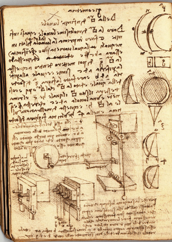 Ms. G, 43v. - "La sagoma sia di lastra da Fiesole, con acqua", c. 1515. Si tratta di un probabile riferimento a una macchina sagomatrice, e Leonardo prevede l'uso di pietra serena fiesolana.