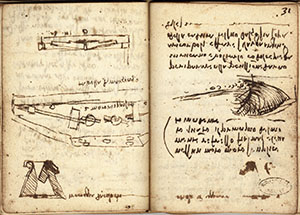 Ms. L, 31r-30v (inverted). - Project for governing the waters of Arno: "To remedy the percussion of the Arno at Rusciano and turn it in a gentle bend at Ricorboli and make such a wide riverbank that the fall of its steep bank is above the latter ", along with a reference to the Marzocco (the lion symbol of Florence) and to the feast day of St. John the Baptist, c. 1502.