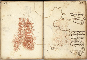 Ms.  L, 82r-81v (capovolto). - Promontorio di Populonia a Piombino e alberi di betulle, c. 1502.