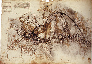 RLW 12279. - Preparatory study for deviating the Arno through Prato, Pistola and Serravalle with a canal from Florence to Vicopisano, c. 1503. Based on Baratta's transcription, 18 place names are found: "Calenzano, Canpi, Montiliveto, Settimo, Signa, Malmantile, Poggio, Tizana, Ciecina, Montecatini, Montelupo, Fuciechio, Pesscia, Monsomano, Basilica, Santa Croce, Arno, and Castel[fran]co". Among the observations to be made, the totally erroneous position of Monsummano in the vicinity of Pescia and Villa Basilica is curious.