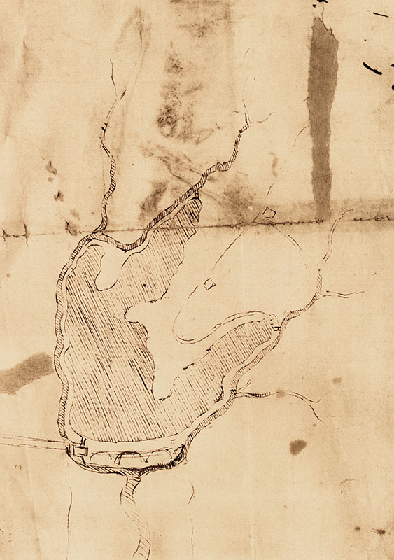 RLW 12675. - Studi per il lago di San Lorenzo in Arniano (nel recto), e della "lucerna di Vinci" e promemoria relativo a Benozzo [Gozzoli], [Tedaldo] Lattanzio, Pandolfini (sul verso), c. 1503.