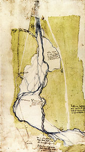 RLW 12678. - Studies on the course of the Arno downstream of Florence, between "Sardigna" and Peretola, c. 1503. Transcription: "1000 / Sardigna / Porta al Prato / f. Mugnone / Ponte alle Mosse / f. Rifredi / N / M / House of Ser Amanzo / Peretola / S. Island 1600 bracci long and 700 wide, and the water that separates it from Legnaia is 2300 bracci long. Here the width of the sandbank with the 2 widths of the Arno's branches is 1300 bracci. The island M staiora 825, which at 10 florins per staio equals 8250 florins, and the same can be said of island N. From S to the Pesscaia d'Ogni Santi 5000 bracci, that is, a mile and 2/3. If 3 small channels were made, extending from S to the lower bend of the Arno, the river would run so fast that it would abandon  ...".