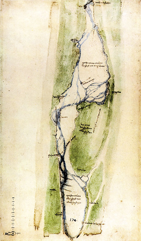 RLW 12679. - Studi sul corso dell'Arno a monte di Firenze (fra i torrenti Mensola e Affrico), c. 1503. Trascrizione: "Molino dj badja / mensola / molino anticho / (p)anzano / varlungho / molino anticho / la rotta / molino anticho / chasacce / bixarno / rotta / ricorbolj / africho / mulino della parte". Altre annotazioni: "questo renaio  nel pi largho braccia 1000 e lungho 2000 / qui trabocha Arno per la piene / bixarno lungho braccia 2100 e llargho braccia 800 / questo renaio  llargho braccia 700 e llungho braccia 1550".