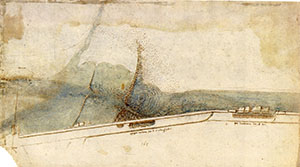 RLW 12680. - Bird's-eye view of the ferryboat and a dam on the Arno, at the Rotta, c. 1503.