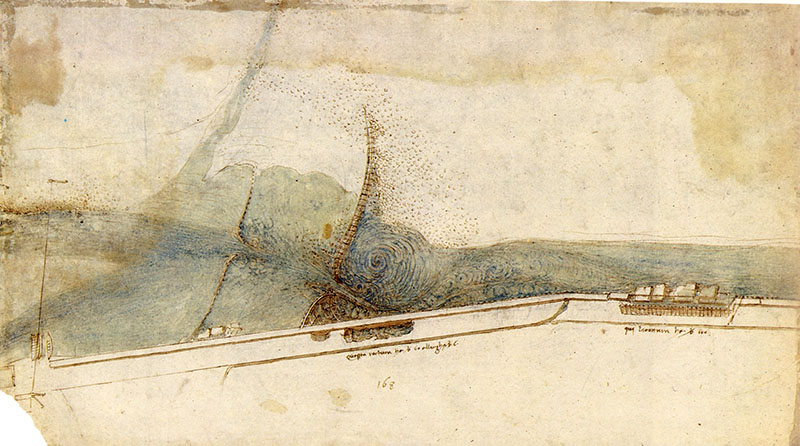 RLW 12680. - Veduta a volo d'uccello del traghetto e di una diga sull'Arno, alla Rotta, c. 1503.