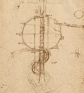 RLW 12681. - Pianta schematica e idealizzata di Firenze (con elenco delle porte di Milano aggiunto presumibilmente da Francesco Melzi), c. 1515.