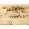 RLW 12682. - Veduta a volo d'uccello di Arezzo e della Val di Chiana con misurazioni di distanze, c. 1502. Questa veduta prospettica, schizzata con segni di traiettorie visive ed effetti di chiaroscuro, dovrebbe risalire al tempo in cui Leonardo si trattenne nella Valdichiana in coincidenza con la ribellione di Arezzo, sostenuta da Vitellozzo Vitelli, generale di Cesare Borgia, contro Firenze. Era la primavera-estate di quello stesso 1502 in cui, come documentano le date e le annotazioni del Ms. L, viaggi fin nelle Marche e in Romagna. Si tratta di una prima elaborazione, con scrittura speculare, di un particolare della carta RLW 12278.  un'esemplare dimostrazione di come Leonardo "costruiva" una rappresentazione intermedia tra disegno di paesaggio dal vero e pianta topografica, in una reinvenzione a volo d'uccello; e di come sintetizzava la visione dello spazio prospettico e la misurazione delle distanze. A valle di Cortona, notevole  - qui come nella carta RLW 12278 -  il tracciato del corso d'acqua che unisce l'invaso della Chiana con il Lago Trasimeno; in RLW 12277 Leonardo annotava che questo collegamento era stato chiuso da Braccio da Montone (nella prima met del XV secolo) ed  probabile che egli volesse ripristinarlo con un tracciato non molto discosto da quello attuale del torrente Mucchia. Interessanti metodologicamente sono le direttrici che si irradiano da Arezzo. Accentuate sembrano qui le dimensioni del "Ponte a Pietra" e del "Ponte alla Nave", quasi in forma di una diga. Significativa nella valle l'emergenza di Foiano e la centralit del "Brolio colle", sovrastante il lago e il porto omonimo. Il Lago di Brolio fu oggetto, dalla prima met del XIV secolo, di vari interventi per stabilizzare il bacino idrico, bonificare l'ecosistema e favorire la pesca, fino alla costruzione della "Chiusa dei Monaci", notevole manufatto tecnologico d'ingegneria idraulica per regolare il deflusso della Chiana in Arno. Nelle tre righe in basso a destra si legge, con