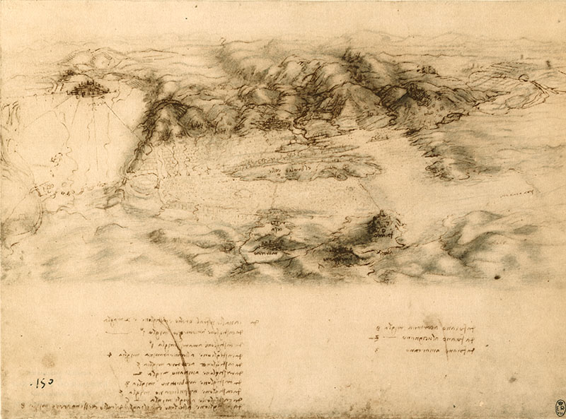 RLW 12682. - Bird's-eye view of Arezzo and the Val di Chiana with measurement of distances, c. 1502. This prospective view, sketched with signs of visual trajectories and chiaroscuro effects, should date from the time when Leonardo remained in Valdichiana during the rebellion of Arezzo, sustained by Vitellozzo Vitelli, one of Cesare Borgia's generals, against Florence. It was the spring/summer of that same 1502 in which, as documented by the dates and annotations of Ms. L, Leonardo travelled as far as the Marche and through Romagna. This is a first elaboration, in mirror writing, of a detail from map RLW 12278. It is an exemplary example of how Leonardo "constructed" a representation midway between a drawing of landscape done from nature and a topographical map proper, in a bird's-eye view re-invention; and of how he synthesized a view of perspective space and the measurement of distances. Downstream of Cortona appears – here as on map RLW 12278 –  the path of the watercourse that joins the Chiana basin to Lake Trasimeno; in RLW 12277 Leonardo notes that this connection had been closed by Braccio da Montone (in the first half of the 15th century) and it is probable that he intended to restore it with a course not very different from that of today's Mucchia torrent. Interesting as regards methodology are the directrixes radiating out from Arezzo. The dimensions of the "Ponte a Pietra" and the "Ponte alla Nave", almost in the form of a dam, seem exaggerated here. Significant in the valley are the indication of Foiano and the central position of the "Brolio hill", overlooking the lake and port of the same name. The Brolio Lake was the object, starting from the first half of the 14th century, of various initiatives aimed at stabilising the water basin, improving the ecosystem and favouring fishing, culminating in the construction of  the "Chiusa dei Monaci" (the Monks' Dam), a remarkable work of hydraulic engineering to control the  outflow of the Chiana into the Arno.