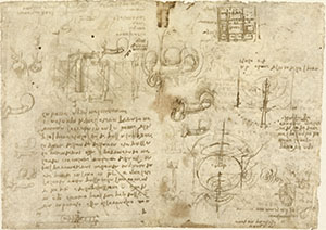 RLW 19106v . - Among the folios of anatomical studies, Leonardo notes on this one, datable to 1508-1510, experiments on the analogy between hydraulics and acoustics. In particular, he speaks of an experiment to be conducted at home, returning to observations on a barrel at Campi Bisenzio:  "You will have heard that, in the portion of a wave of air that passes through a narrow opening, a human voice is closed in, as I saw at Campi one that was closed into a cask open at the bunghole (an opening made in the barrel at the point of its maximum diameter, where the bung is inserted).