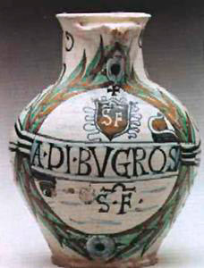 Earthenware jar with spout, marked with the emblem of the the Hospital of Santa Fina, San Gimignano.