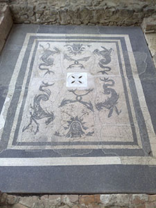 The black and white mosaic of the bath in the mansio at the foot of the Roman Villa of Massaciuccoli, Massarosa.