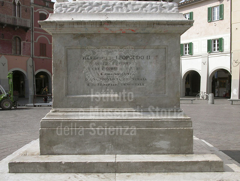 Base of the monument sculpted by Luigi Magi and erected in 1846 in Piazza Dante at Grosseto to commemorate the land reclamation projects carried out under Leopoldo II in Maremma.