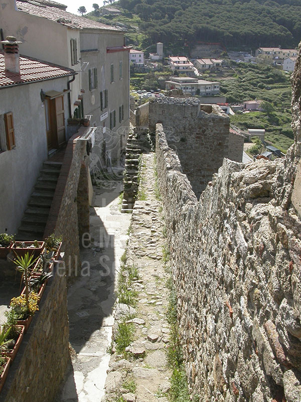 Section of the belt of walls around Giglio Castello with rectangular tower from medieval times.