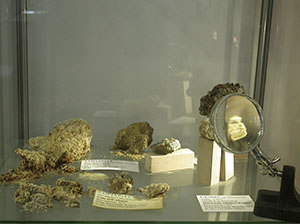 Copiapite e gesso su limonite, Museo della Mineralogia e della Geologia dell'Isola del Giglio.