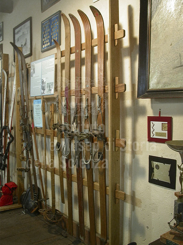 Vintage skis with the earliest models of bindings, Museo dello Sci, Stia.