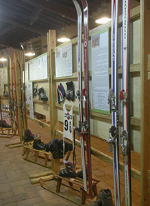 Skis and ski-boots from the 1970s, Museo dello Sci, Stia.