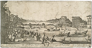 View of Pisa during the bridge game, engraving by Anton Francesco Lucini, after a drawing by Stefano della Bella, Roma, Giangiacomo Rossi, 1649 (BNCF, N.A. Cartelle, 11,27).