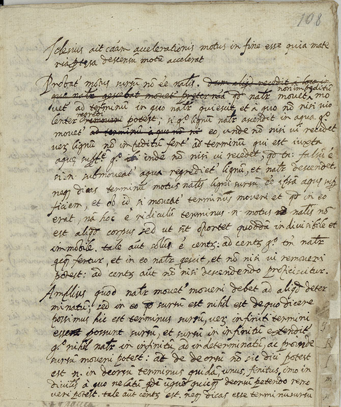 Pagina autografa di Galileo sul moto (BNCF, Ms. Gal. 46, c. 108r).