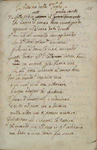 Copia del Capitolo contro il portar la toga (BNCF, Ms. Magl. VII, 358, c. 115r). Le correzioni interlineari sono attribuite a Galileo.
