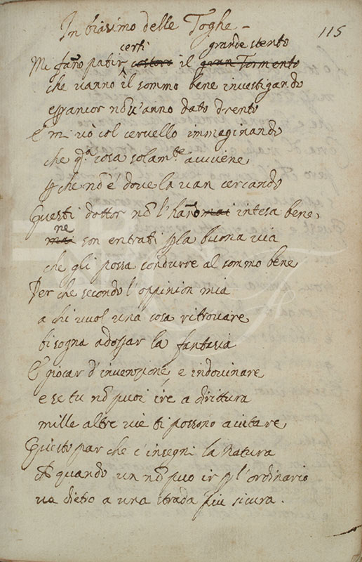 Copia del Capitolo contro il portar la toga (BNCF, Ms. Magl. VII, 358, c. 115r). Le correzioni interlineari sono attribuite a Galileo.