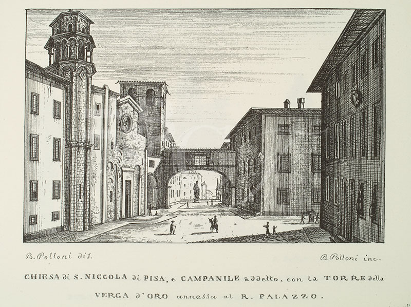 The Tower of the Golden Bough in Pisa seen from the side of the church of San Nicola, in an engraving by Bartolomeo Polloni (Raccolta di 12 vedute della citta di Pisa, disegnate, incise ed illustrate da Bartolommeo Polloni, s.l., s.n., 1834, s.l., s.n., 1834).