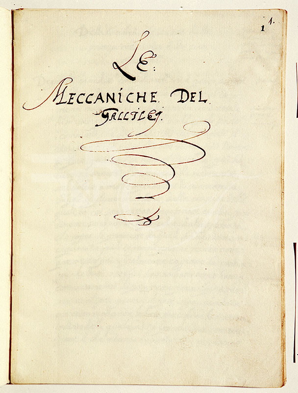 Frontispiece of a copy of Le mecaniche, 17th cent. (BNCF, Ms. Gal. 72, c. 1r).