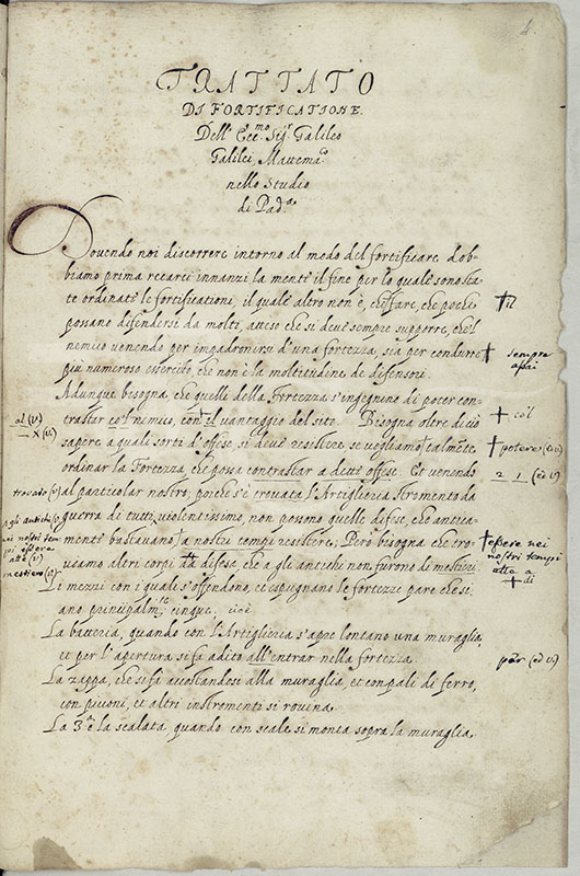 First page of a copy of the Trattato di fortificazione, 17th cent. (BNCF, Ms. Gal. 31, c. 4r).