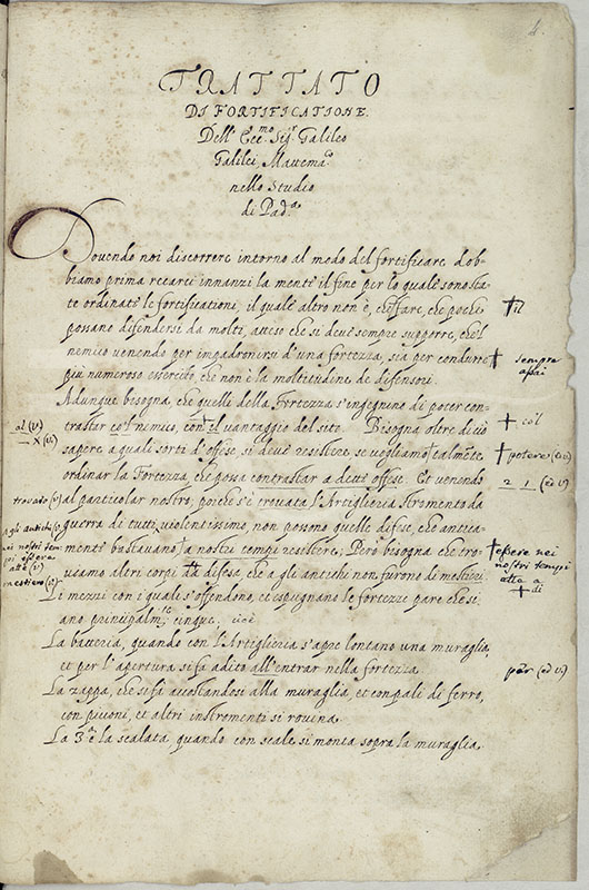 Pagina iniziale di una copia del Trattato di fortificazione, sec. XVII (BNCF, Ms. Gal. 31, c. 4r).