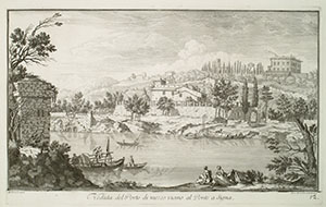View of the middle Port near Ponte a Signa in an engraving by Giuseppe Zocchi. On the hill above and to the right is Villa Le Selve (Giuseppe Zocchi, Vedute delle ville e d'altri luoghi della Toscana, Firenze, appresso Giuseppe Allegrini, stampatore in Rame, 1744).
