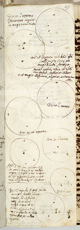 Disegni e appunti di Galileo delle macchie osservate sul Sole (BNCF, Ms. Gal. 57, c. 69r).