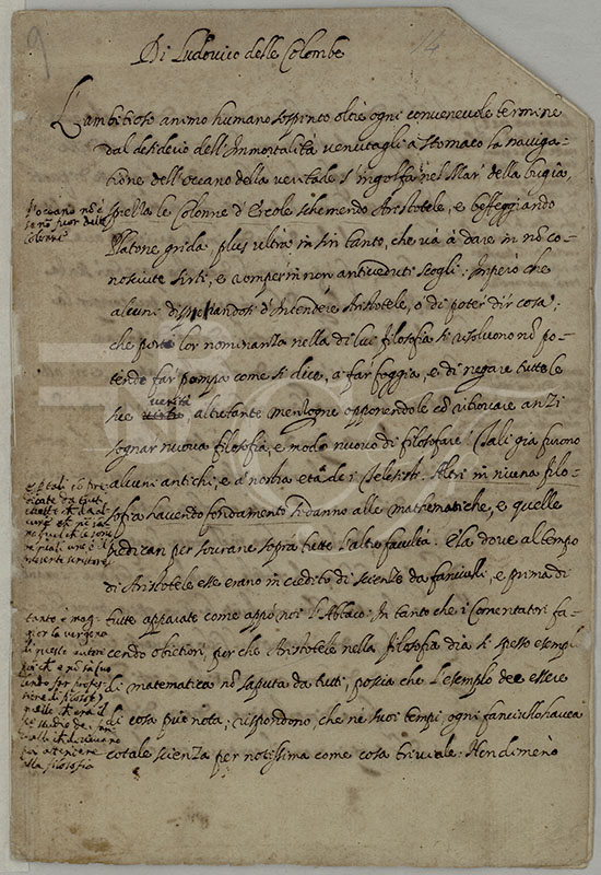 Pagina iniziale di una copia dello scritto di Ludovico delle Colombe Contro il moto della terra con postille autografe di Galileo (BNCF, Ms. Gal. 66, c. 14r).