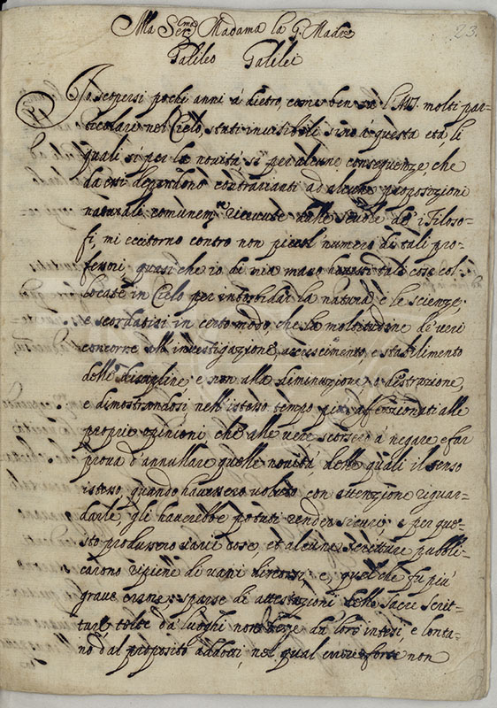 Prima pagina di una copia della Lettera a Cristina di Lorena, sec. XVII (BNCF, Ms. Gal. 65, c. 23r)