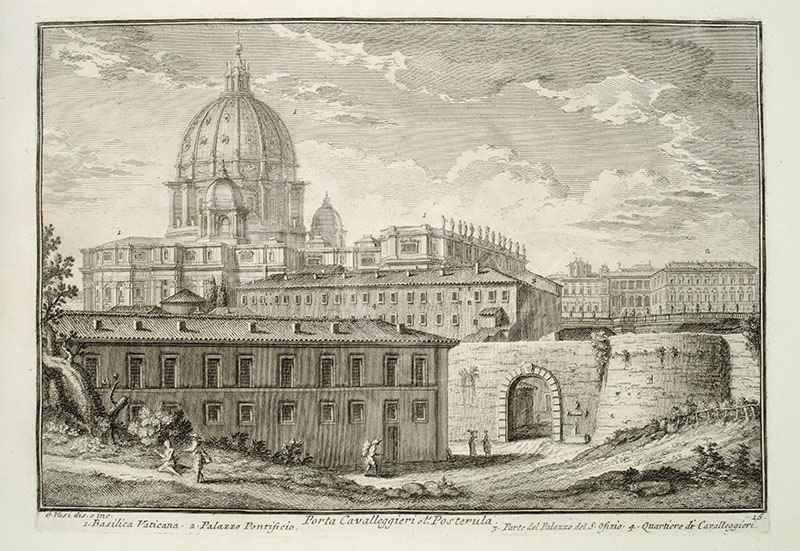 Roma, veduta di San Pietro e del Palazzo del Sant'Uffizio dalla Porta Cavalleggeri (da Giuseppe Vasi, Delle magnificenze di Roma antica e moderna, in Roma, nella stamperia del Chracas presso S. Marco al Corso, 1747-1761, vol. I).