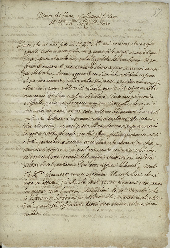 Pagina iniziale di una copia del Discorso su flusso e reflusso del mare forse di mano di Benedetto Castelli (BNCF, Ms. Gal. 68, c. 57r).