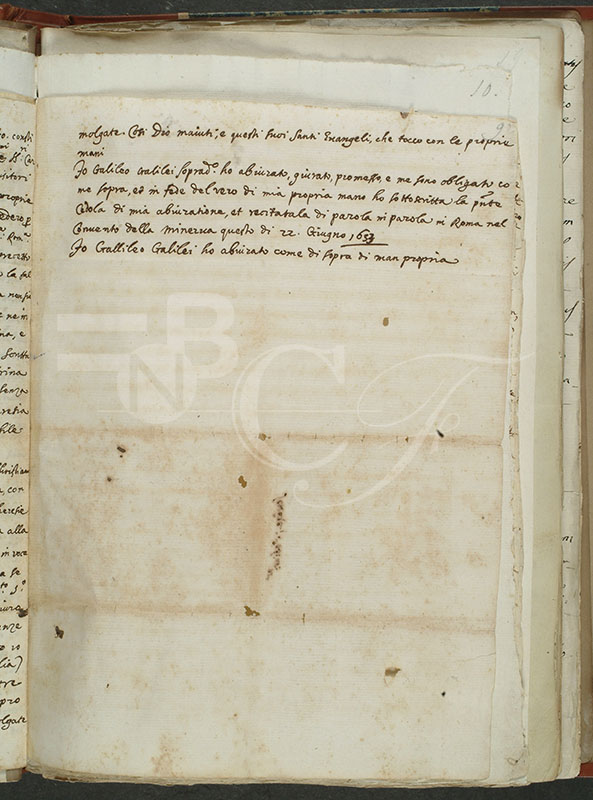 L'abiura. Probabilmente la copia destinata a Galileo (BNCF, Ms. Gal. 13, c. 8v).