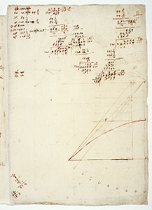 Drawings and calcolations concerning the so-called  "theorem of equivalence", aimed at correlating the motion of descent along an inclined plane and the parabolic trajectory of the projectile (BNCF, Ms. Gal. 72, c. 117v).
