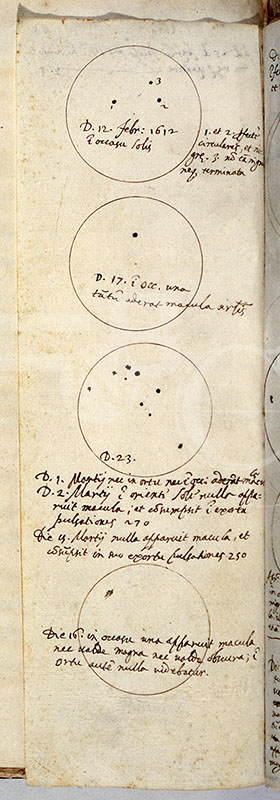 Disegni e appunti di Galileo delle macchie osservate sul Sole (BNCF, Ms. Gal. 57, c. 68v)